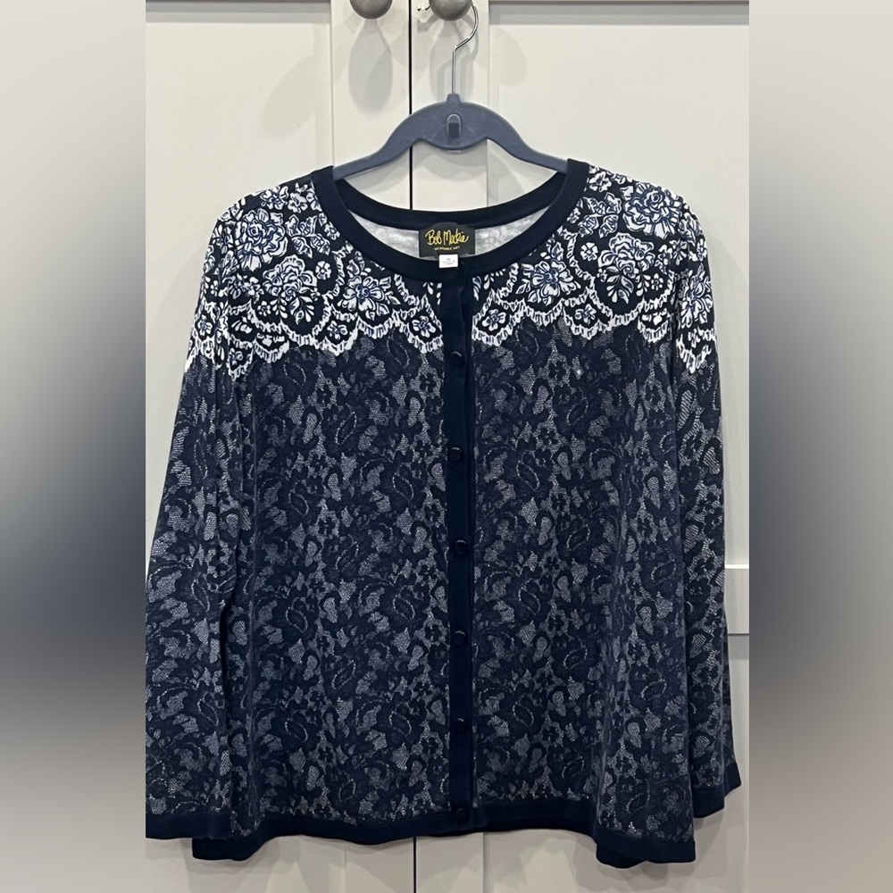 Bob Mackie Wearable Art Navy Blue Print Cardigan